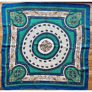 Vintage Equestrian Scarf Horse Crest Medallion Blue Green Square
